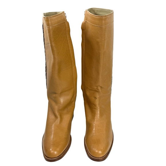 Tall Knee High Boots Women Size 9 Campus Style Camel Tan Leather Stacked Heel - Picture 2 of 9